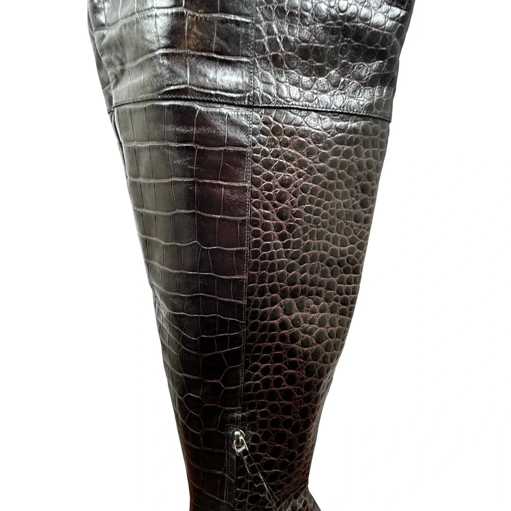 Reformation Croc Embossed Leather Thigh High Boots Wmns 9.5 Brwn Brazil RARE HTF
